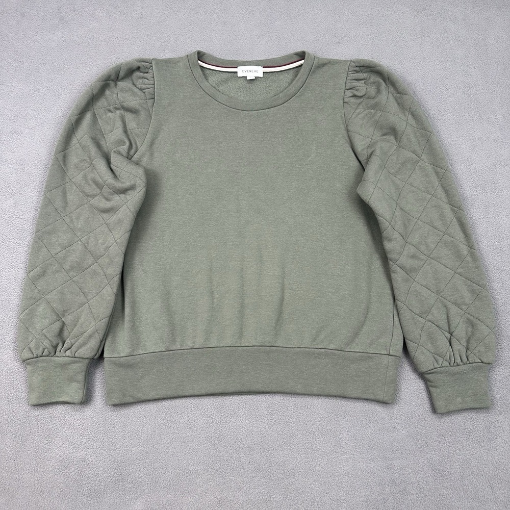 Evereve Sweatshirt Womens Large Green Quilted Puff Sleeve Pullover Classic‎